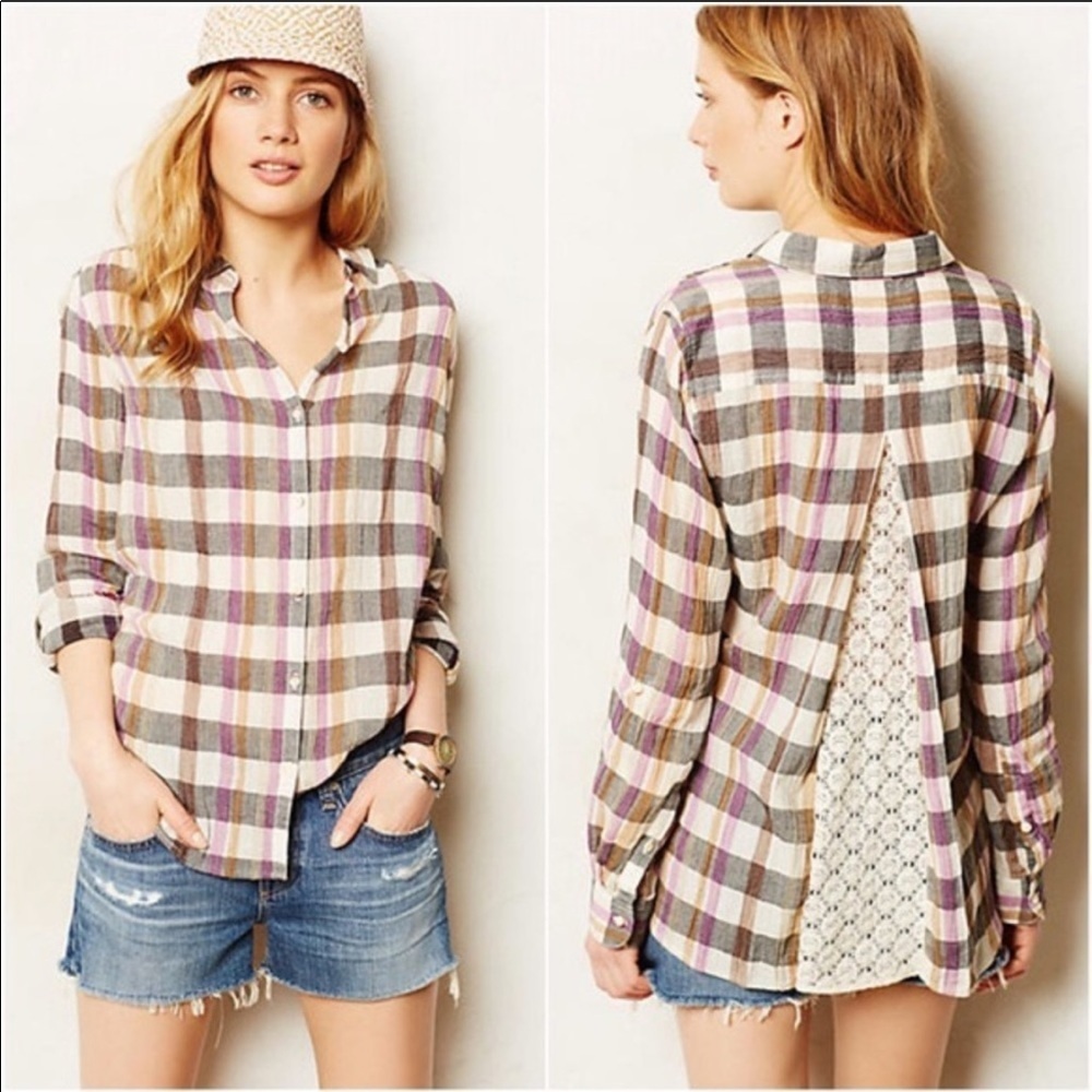 Isabella Sinclair Gray Purple Plaid Peekaboo Lace Panel Button Down Blouse